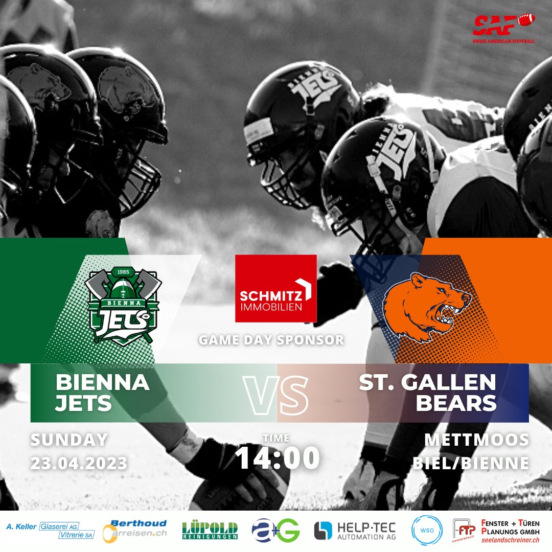 AFCBiennaJets's tweet photo. On Sunday we will play against the 2022 NLB Swiss champions St. Gallen Bears at 14:00 at Mettmoos in Biel/Bienne. Come and support the Jets ✈️💚 
.
.
.
.
.
.
#americanfootball #swissamericanfootball #biennajets #icicestbienne #Biel #Bienne #seeland https://t.co/eHp1X5JZVK
