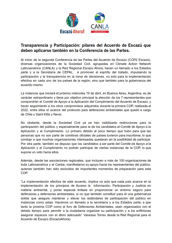 CAN_LA_'s tweet photo. 🧵1/4 Hoy, diversas organizaciones de sociedad civil, agrupadas en  CANLA y la Red Regional Escazú Ahora, hicieron un llamado a los Estados parte y a la Secretaría de la @cepal_onu  a promover el espíritu del #AcuerdoDeEscazú

Leer el Comunicado de Prensa https://t.co/9PrV7bBaN4 https://t.co/gaG5KYH2fZ