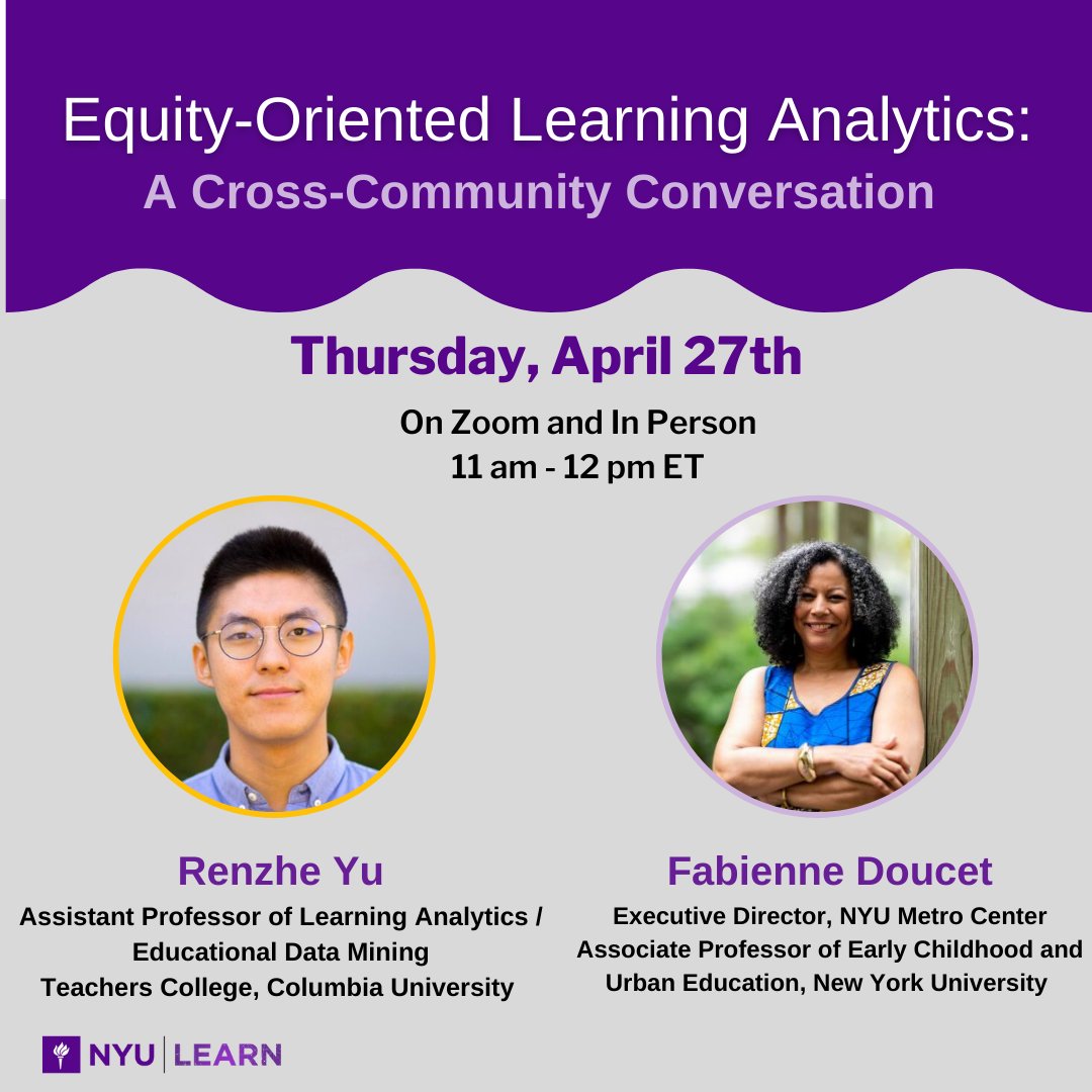Join us for a powerful conversation about opportunities + challenges at the intersection of #LearningAnalytics &amp; #EducationalEquity w/ <a href="/renzheyu/">Renzhe Yu</a>  &amp; <a href="/bailabomba/">Straight Outta Haisha 🇭🇹</a>!

#LA4Equity #Education4Liberation #AdvanceEquity

📅Thur Apr 27@11am ET
🌎Zoom or NYU
🚩RSVP:tinyurl.com/04272023