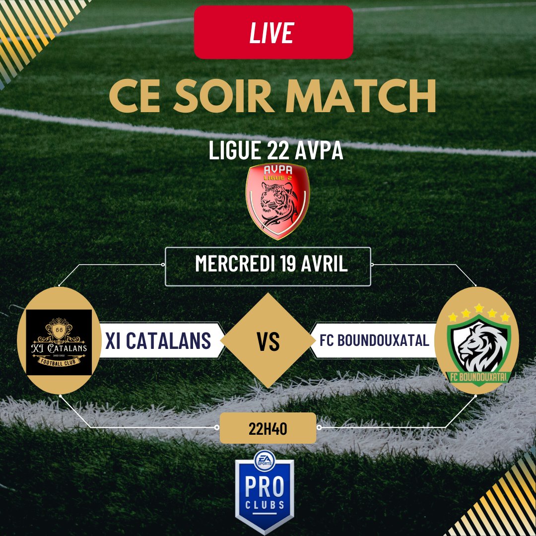 Bonsoir à tous, les XI Catalans on un match décalé qui ce joue ce soir en CFA @Hulk_Champions , nous avons 2  rencontre en @AVPAFR ligue 2 
Et <a href="/TGP_Events_/">TGP EVENTS</a> ONE 
Go les Catalans 🟡🔴🟡🔴
@Hulk_Champions
<a href="/TGP_Events_/">TGP EVENTS</a>
@AVPAFR
#clubspro 
#FIFA23 
#11vs11 
#ps4
#esport