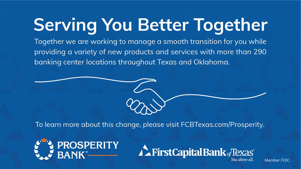 FirstCapBankTx's tweet image. Our merger with Prosperity Bank, headquartered in Houston, Texas is expected to be effective as of May 1, 2023. For more information about this transition, please visit us at FCBTexas.com/Prosperity and read our official press release here: bit.ly/3KSnxQ5