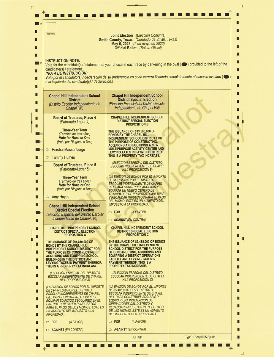 ChapelHill_ISD's tweet photo. 🗳️📄View May's voting ballot which includes the three #CHISD2023bond propositions that aim to make safety and facility improvements. Learn more about the bond: https://t.co/6OO6huMRbf https://t.co/iA3MpdBXuO