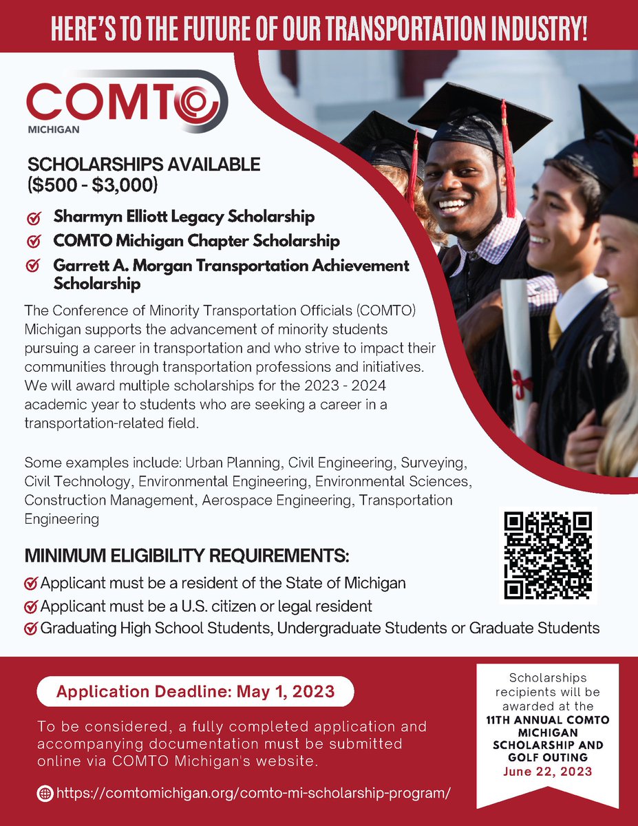 COMTOMichigan's tweet photo. Hello COMTO Michigan members and friends! The 11th Annual COMTO Michigan Scholarship and Golf Outing is upon us! We're excited as ever to award scholarships this year and need your help to get the word out.
APPLICATIONS DUE MAY 1ST!

#comtomi #comto #transportation #scholarship https://t.co/dm8cjwim45