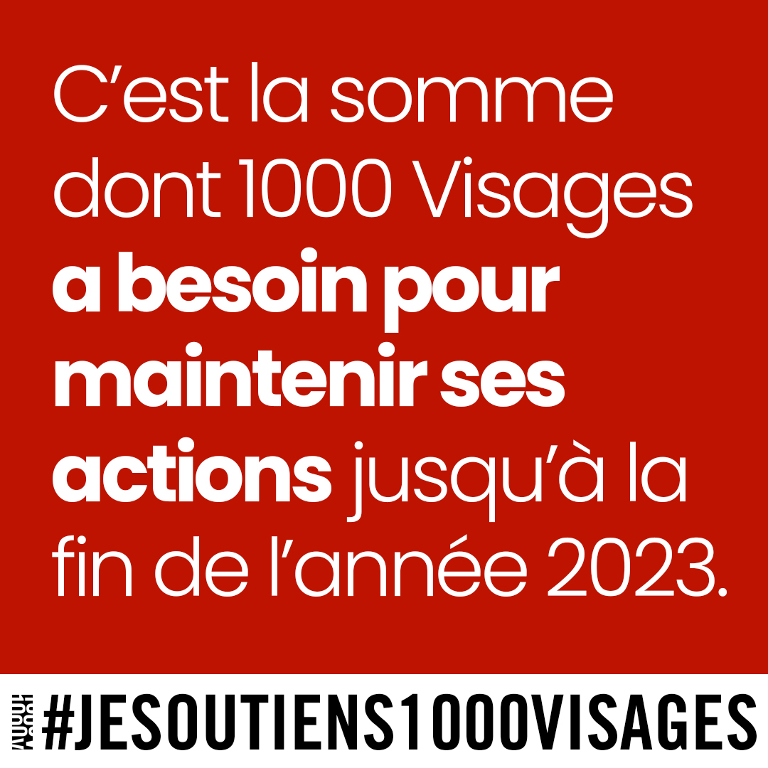 🆘La situation financière de l'association est grave et urgente, nous avons besoin de 200 000€ pour finir l'année 2023 en maintenant nos actions.
Pour nous aider à atteindre cet objectif c'est ici : 1000visages.fr
Merci pour votre soutien 🙏 #jesoutiens1000visages