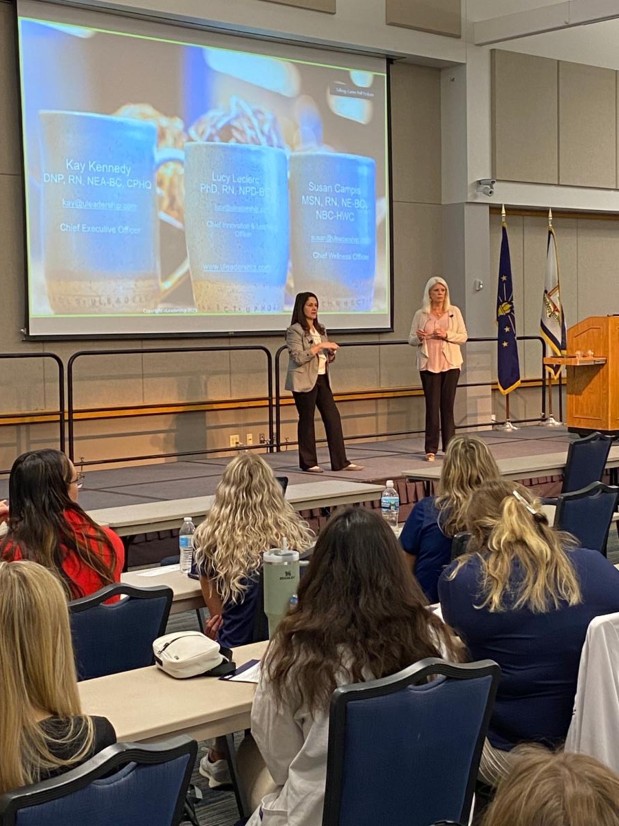 USI_CNHP's tweet photo. Dr. Lucy Leclerc and Susan Campis of uLeadership™ kicked off USI's Research conference today. Congrats to USI students for receiving the Sigma Theta Tau Rising Star of Research and Scholarship Award and to all of our faculty and student presenters! https://t.co/veSqQlCZRi