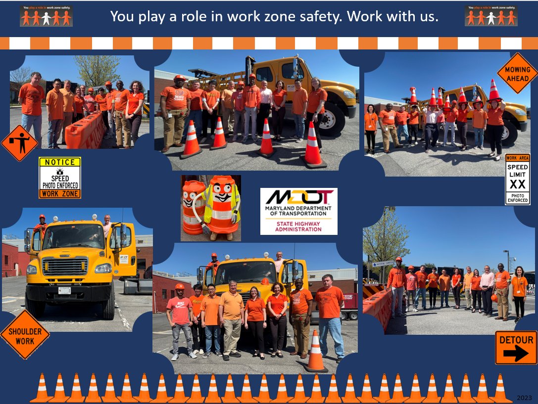 MDSHA's tweet photo. We’re going orange today to remind drivers to look out for orange cones and barrels and drive slow through our highway work zones. Show us your orange today and use #NWZAW #GoOrangeMD hashtags! #MDOTsafety https://t.co/LdYRGkdR8t