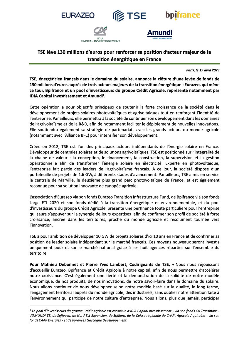 TSE_energy's tweet photo. C’est un moment important pour TSE : nous sommes très heureux de vous annoncer la clôture d’une levée de fonds de 130 millions d’€ auprès de trois acteurs majeurs de la transition énergétique. https://t.co/ls4yEZ7pin