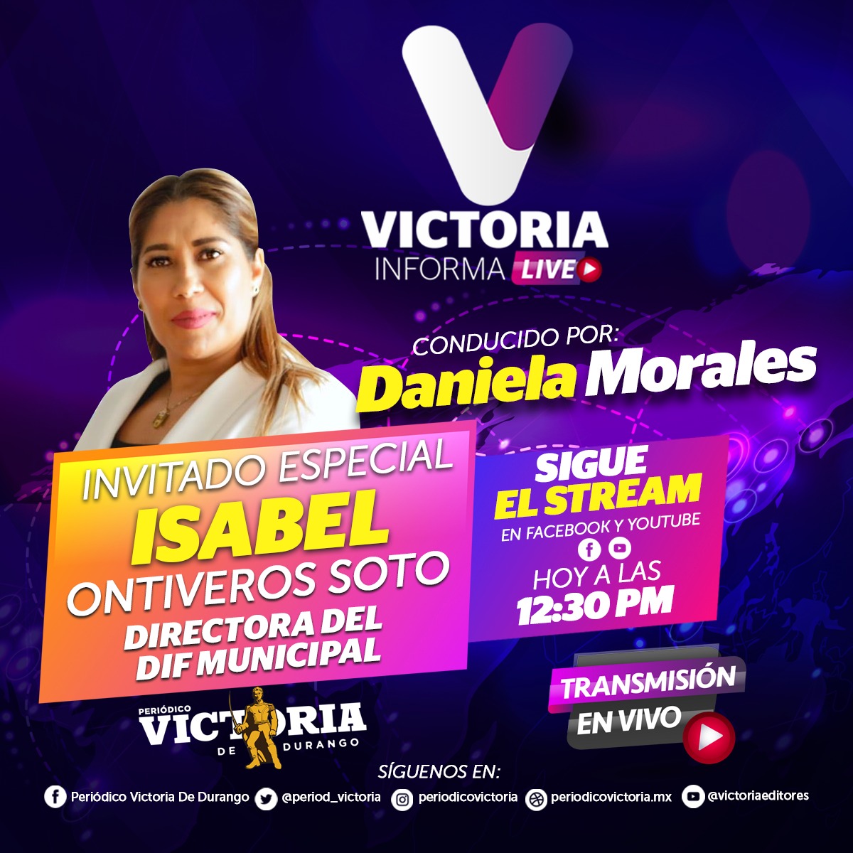period_victoria's tweet photo. Este miércoles nos acompañará en el #VictoriaInforma Isabel Ontiveros Soto, directora del DIF Municipal. Sintoniza nuestro noticiero en punto de las 12:30 P.M. y sigue nuestra transmisión en Facebook o en YouTube 📷. https://t.co/C4ysGr4CsI