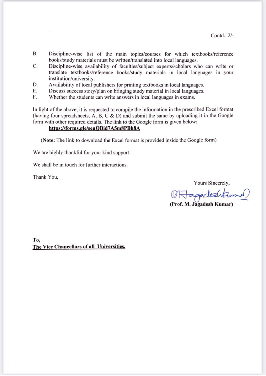 ugc_india's tweet photo. Chairman UGC’s @mamidala90 letter reg: Teaching in mother tongue/local languages in the Higher Education Institutions. 

अध्यक्ष यूजीसी @mamidala90 का पत्र :
उच्चतर शिक्षा संस्थानों में मातृभाषा/स्थानीय भाषाओं में शिक्षण.

@PMOIndia @EduMinOfIndia @PIB_India @ANI @PTI_News https://t.co/PJ9VwOlGTV