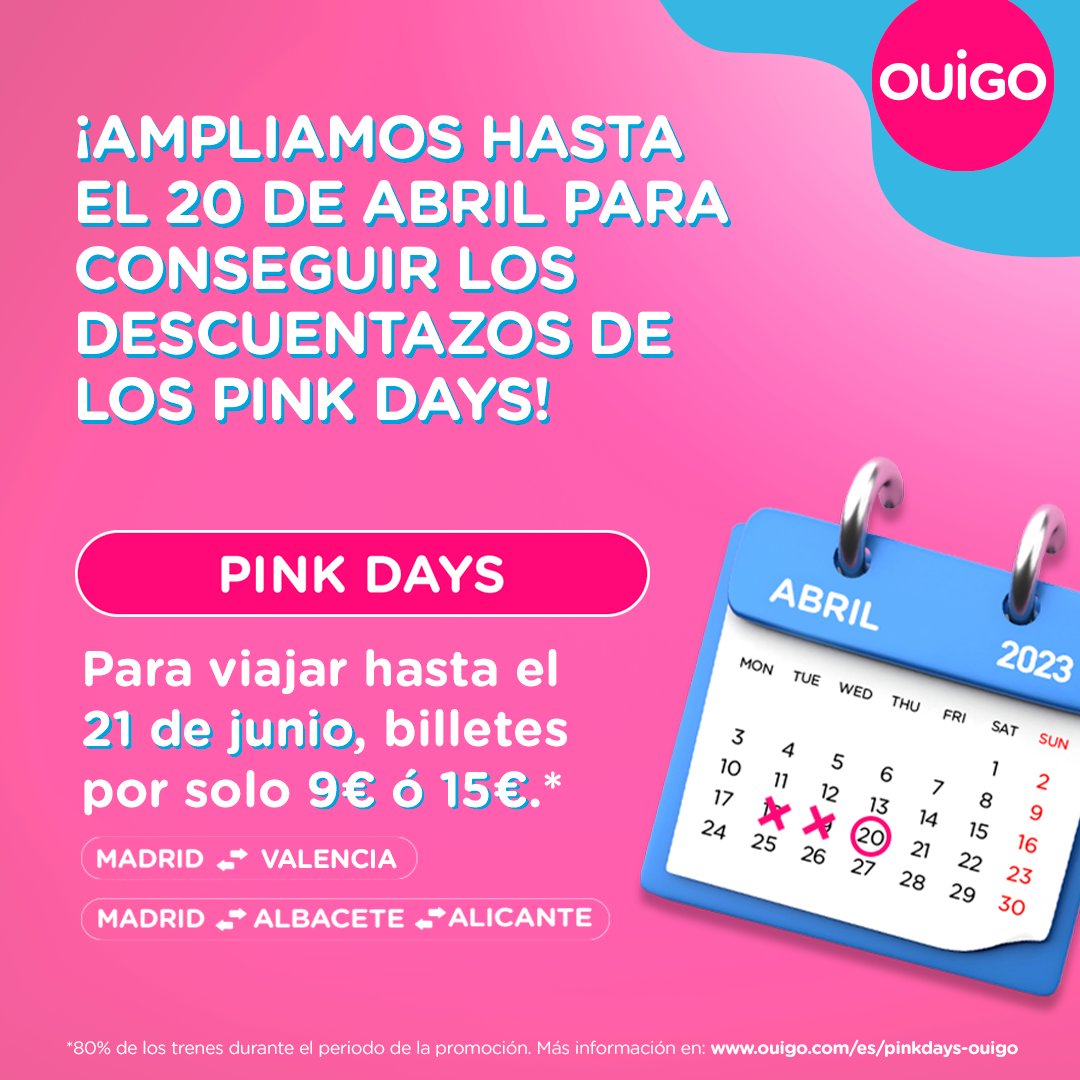 OUIGO_Es's tweet photo. ¿Por qué lo bueno siempre iba a pasar rápido? 🤔
Ampliamos un día nuestros #PinkDays para que durante todo el día 20 de abril puedas disfrutar de tus reservas a 9 y 15€ para tus viajes entre el 8/05 y el 21/06.
¡Pero saca rápido tus billetes!🚝💨
Aquí https://t.co/EGgX6ccXRh📌 https://t.co/tTQrdJBGKS