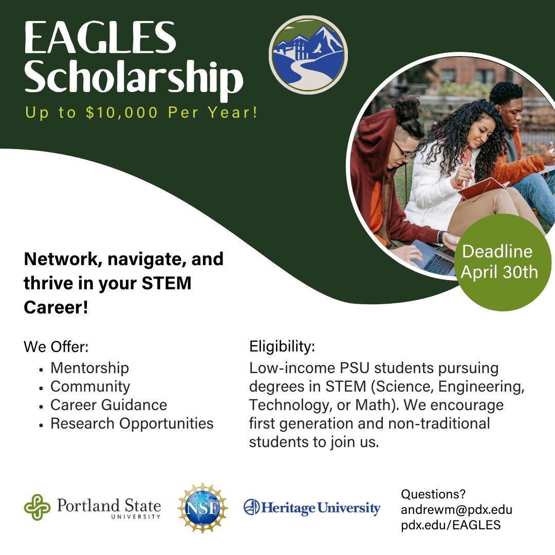 Eagles Scholarship applications are now open!  Low-income STEM students, especially first generation or nontraditional ones, are encouraged to apply for up to $10,000 a year before 4/30 at buff.ly/3yexa5w