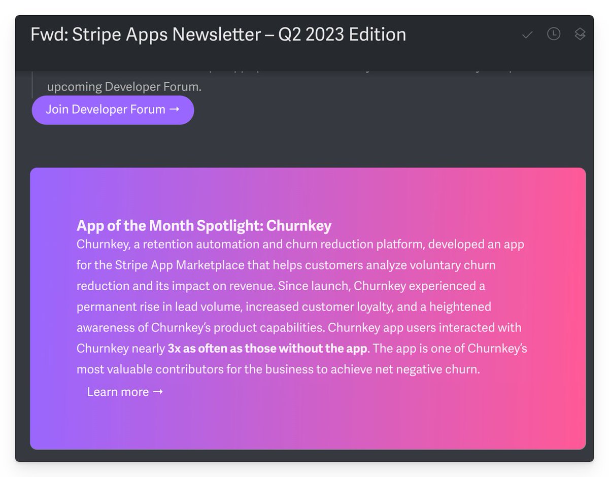 Getting that warm fuzzy feeling from <a href="/churnkey/">Churnkey</a> being <a href="/stripe/">Stripe</a> 's app of the month 🥇