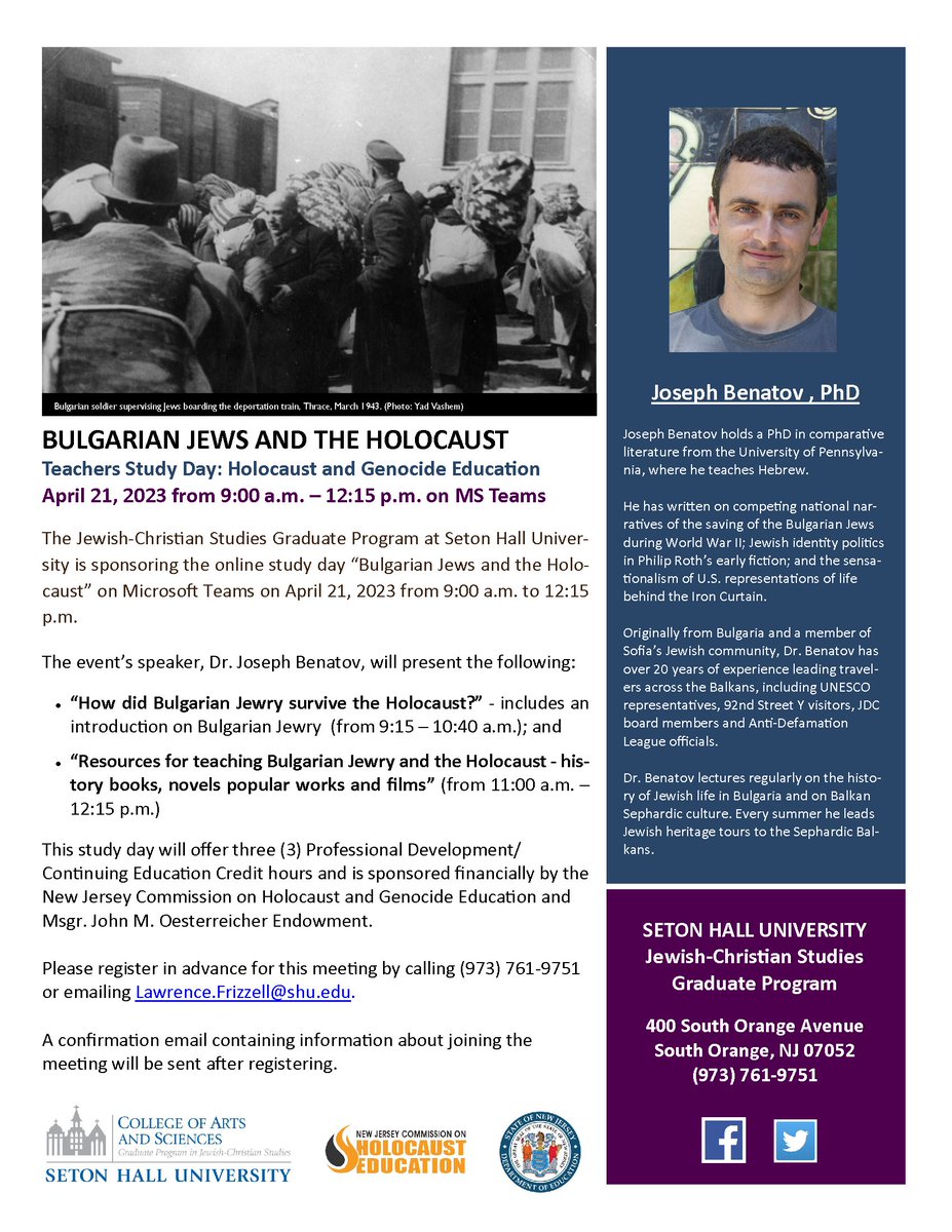 We hope you will join us virtually this Friday!

Online event: “How the Bulgarian Jews Survived the Holocaust”
Date/Time: April 21, 2023, from 9:00 a.m. to 12:15 p.m.
Where: Microsoft Teams
RSVP: (973) 761-9751 or Lawrence.Frizzell@shu.edu
