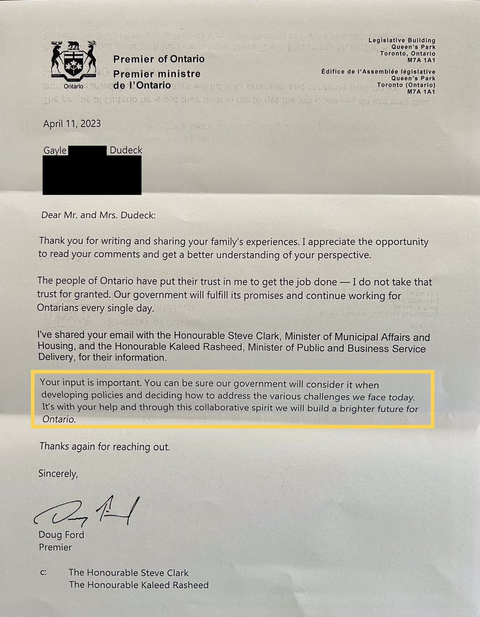 GayleDudeck's tweet photo. Thanks for the form letter #DougFord.  Btw you’ve developed the policy/penalty for cancelled builder contracts. You just haven’t enforced anything for purchasers who’ve lost their new home dreams, purchase power. @fordnation @krasheedmpp @SteveClarkPC @JessicaBellTO @jennkfrench https://t.co/5F1Rfa123t