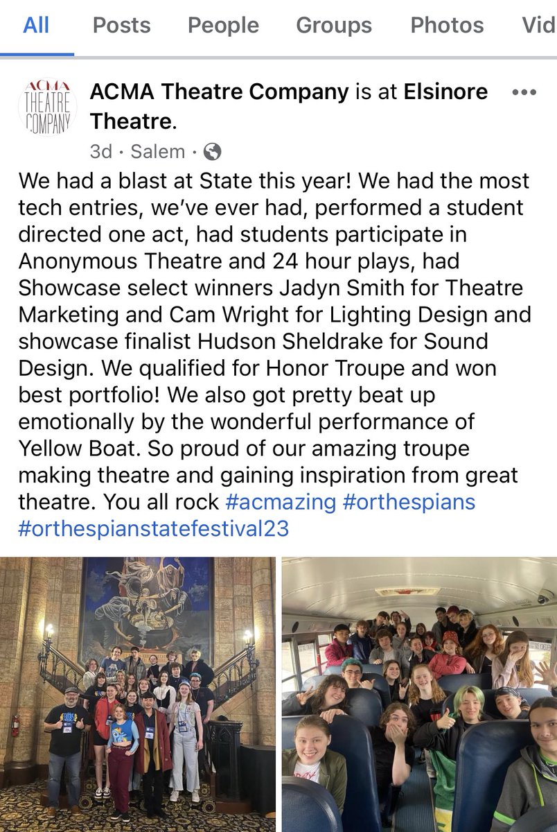 Thursday through Saturday, Hudson attended the Oregon State Thespian Conference. He came in second for sound. the experience was so much greater than winning as you can see from his post. Thank you ACMA for being such a supportive learning environment! #acmazing <a href="/CarterHudson83/">CarterHudson83</a>
