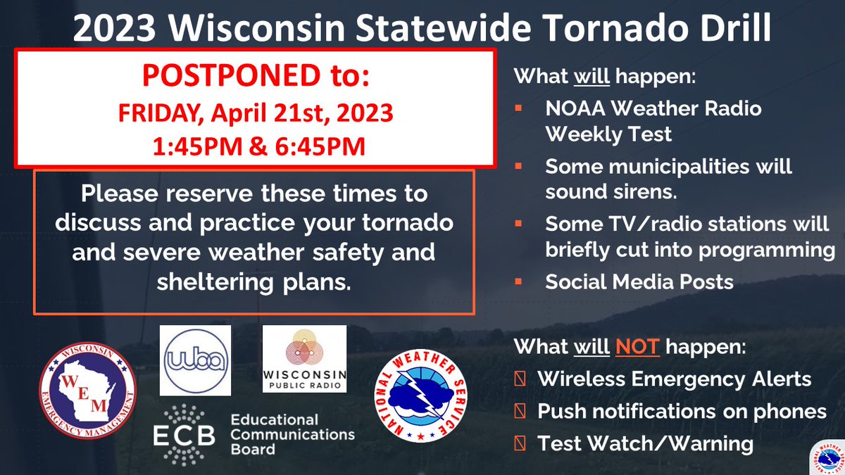 NWSTwinCities's tweet photo. Today (April 21st), Wisconsin will perform Tornado Drills at 1:45pm and 6:45pm for Severe Weather Awareness Week. Outdoor warning sirens will also be tested during the drills. While these are only tests, be sure to have multiple ways to receive warnings. #wiwx #SWAW2023 https://t.co/fD7S6uHzO4
