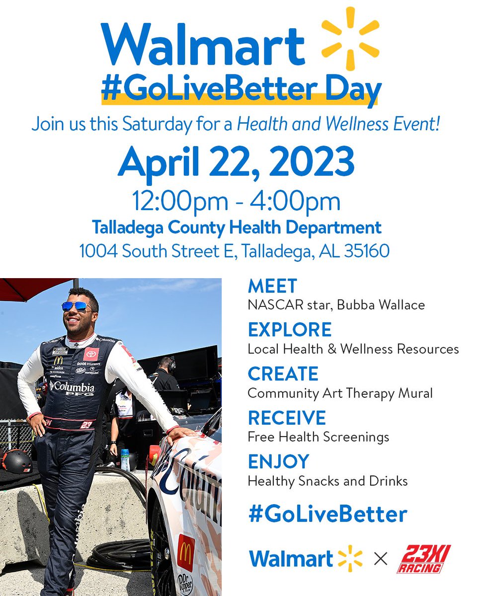 23XIRacing's tweet photo. Fun times ahead. 🙌

Join @BubbaWallace Saturday for @Walmart’s #GoLiveBetter Day in Talladega! https://t.co/DEJbf8Tyle