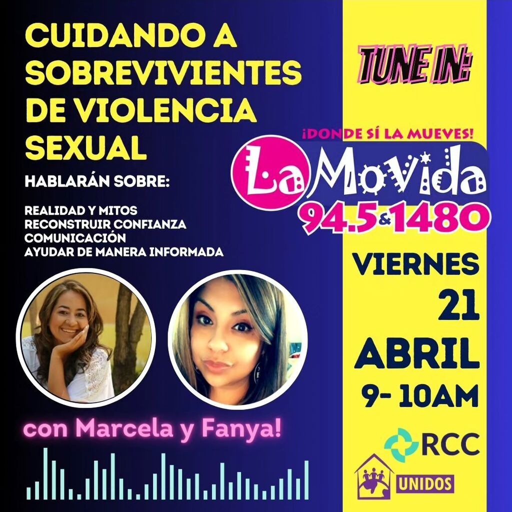 Únete a nosotros en el viernes 21 abril hasta 9-10am por un conversación sobre cuidando a sobreviventes de violencia sexual con Fanya Valencia de UNIDOS y Marcela Kyngesburye de RCC!

Hablarán sobre como incrementar el bienestar de un sobreviviente de vi… instagr.am/p/CrO3BdivNVZ/