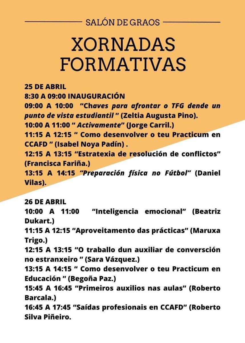 defacedepo's tweet photo. Los próximos días 25/26 de abril, tendremos unas Jornadas de Formación espectaculares en la facultad. Habrá ponentes de relevancia para vosotros y vosotras, los cuales están formados en los ámbitos de la educación o el deporte. 🏫🎖️ https://t.co/dl9gEYyxz9