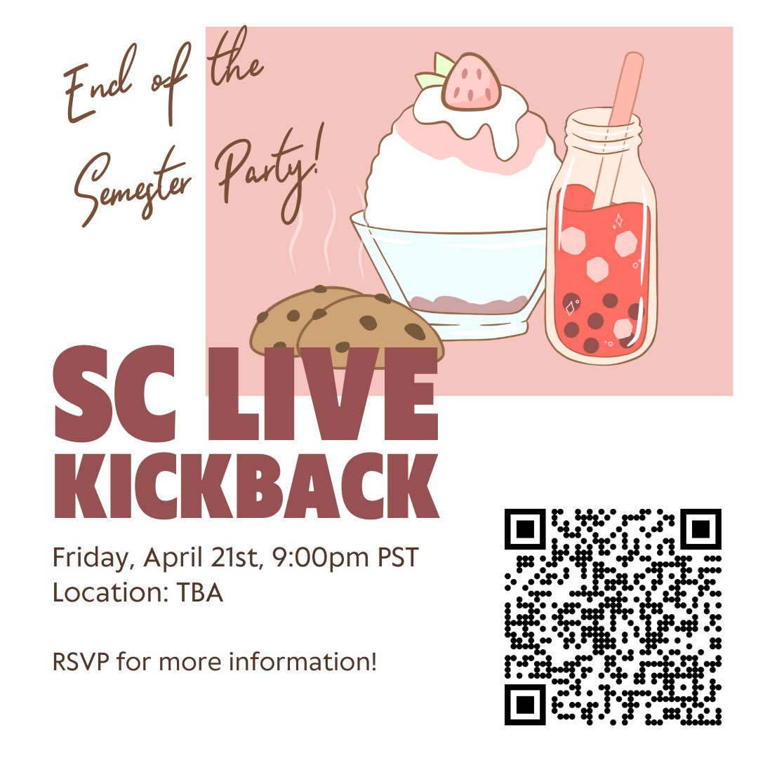 SCLiveClub's tweet photo. We’re not gone yet!! 😳

Laugh the night away with SC Live at our end of the year kickback! Couldn’t make our last meeting? Come say your good byes here! 😼

RSVP on LinkTree in bio! https://t.co/QglgMw367b