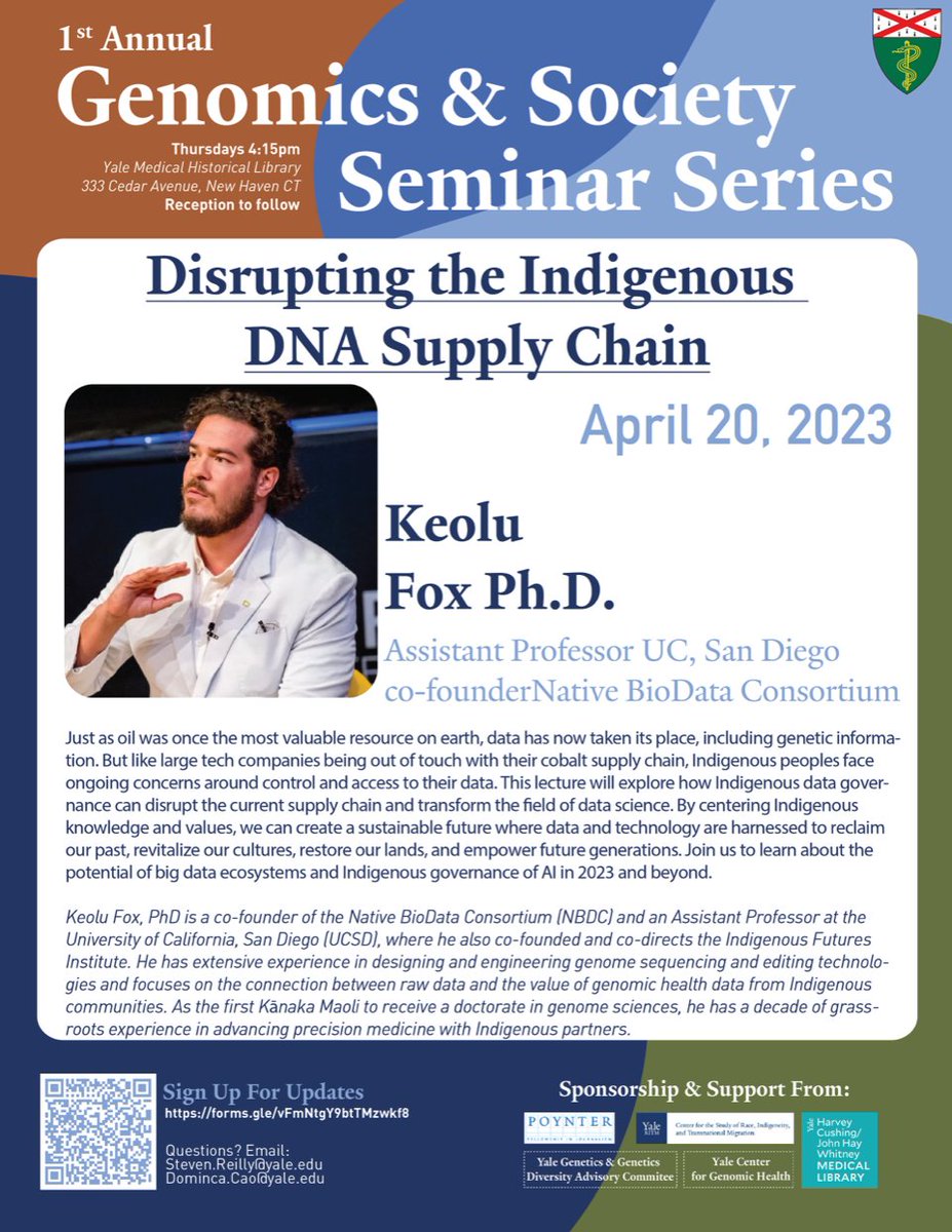 Dr./Prof. Keolu Fox (@keolufox) on Twitter photo Join <a href="/kstsosie/">Dr. Krystal Tsosie, PhD, MPH</a> and I tomorrow <a href="/Yale/">Yale University</a> <a href="/YaleGenetics/">Yale Department of Genetics</a> for a conversation on "Disrupting the Indigenous DNA Supply Chain" tomorrow April 20th @ 4:15 pm in the Yale Medical Historical Library
Details below 👇🏽❤️ Join <a href="/kstsosie/">Dr. Krystal Tsosie, PhD, MPH</a> and I tomorrow <a href="/Yale/">Yale University</a> <a href="/YaleGenetics/">Yale Department of Genetics</a> for a conversation on "Disrupting the Indigenous DNA Supply Chain" tomorrow April 20th @ 4:15 pm in the Yale Medical Historical Library
Details below 👇🏽❤️