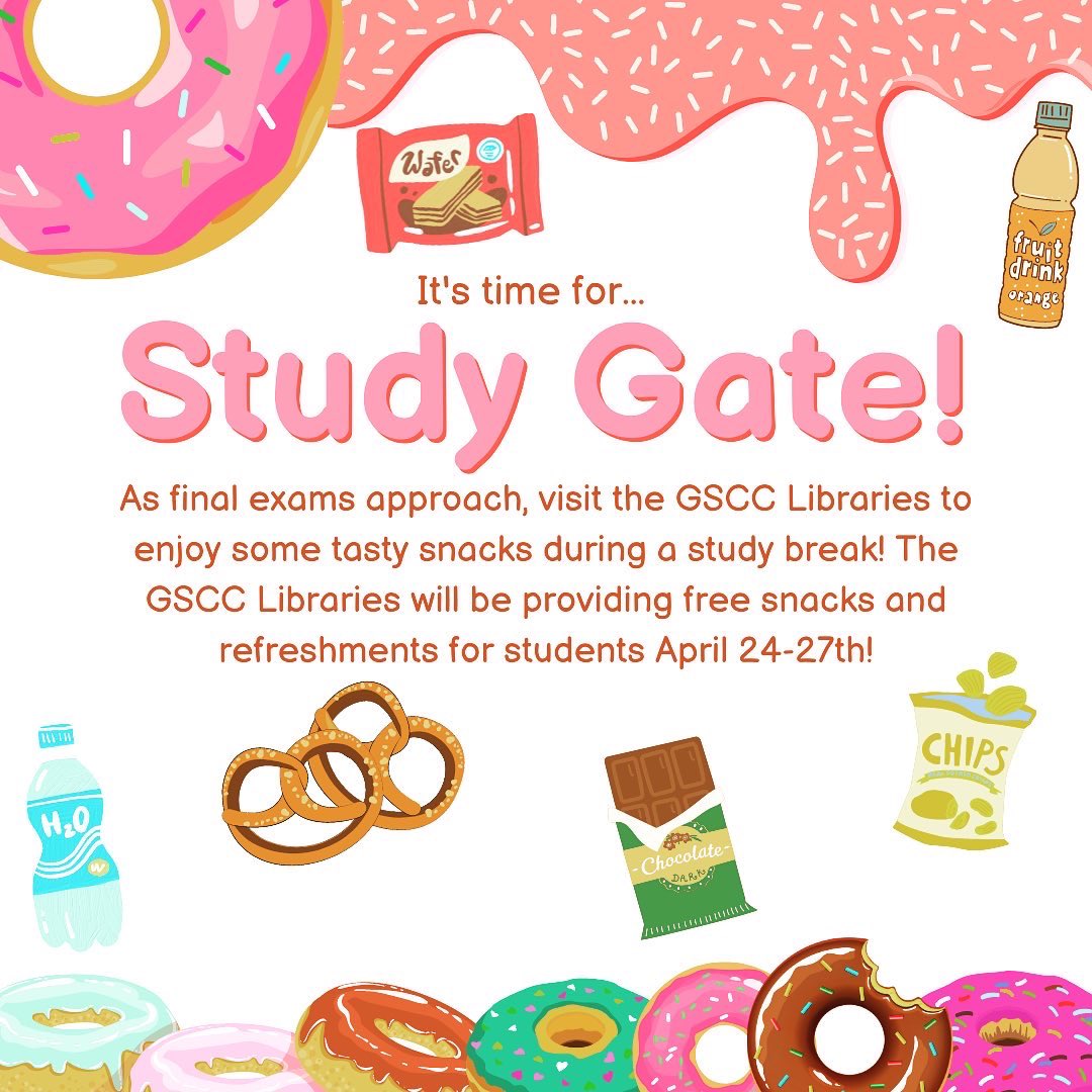 GSCCLibrary's tweet image. Finals are approaching, and that means it&apos;s time for Study Gate! Next week, in the lead-up to finals, the GSCC Libraries will be providing free refreshments to students. Stop by and enjoy a snack and a drink while you study for finals or take a study break! #studygate #finalexams