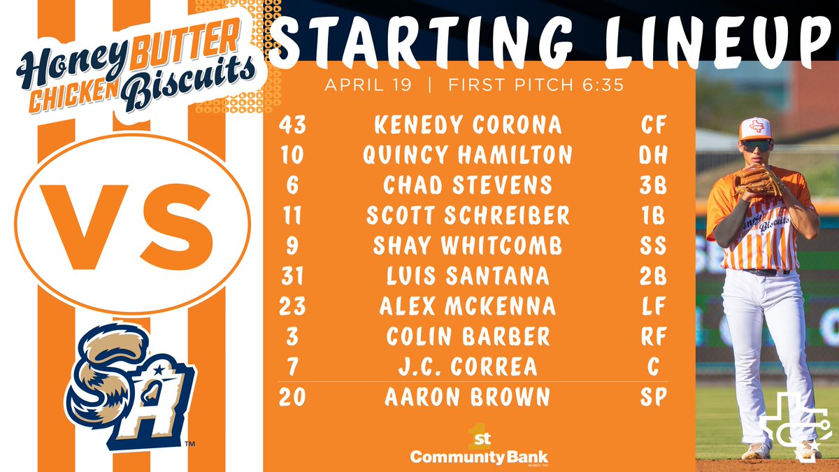 Aaron Brown on the bump for the Honey Butter Chicken Biscuits tonight! 

📍: Whataburger Field 
🕕: 6:35 PM
🏟️: 5:35 PM 
📺: MiLB.tv 
📻: <a href="/1360KKTX/">1360 KKTX</a> | bit.ly/Hooks-Radio