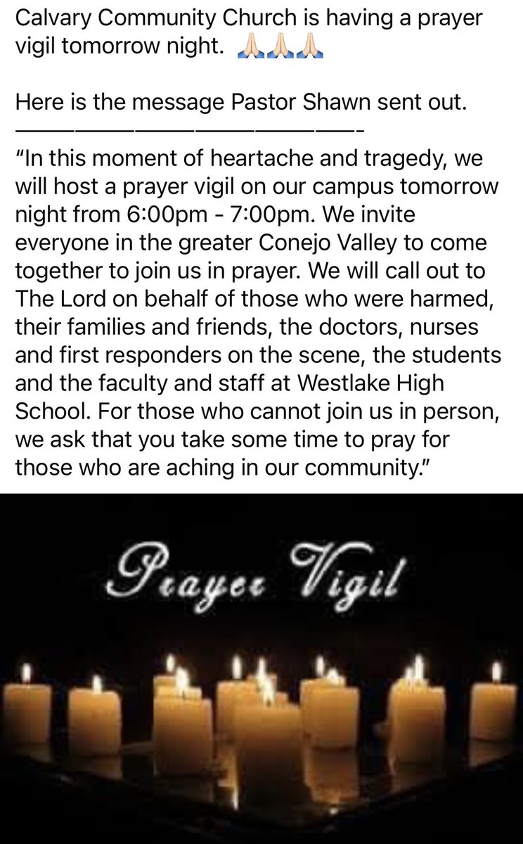Prayer vigil to be held for Westlake teen victims. 🙏🏼 #conejovalley #westlakehighschool
