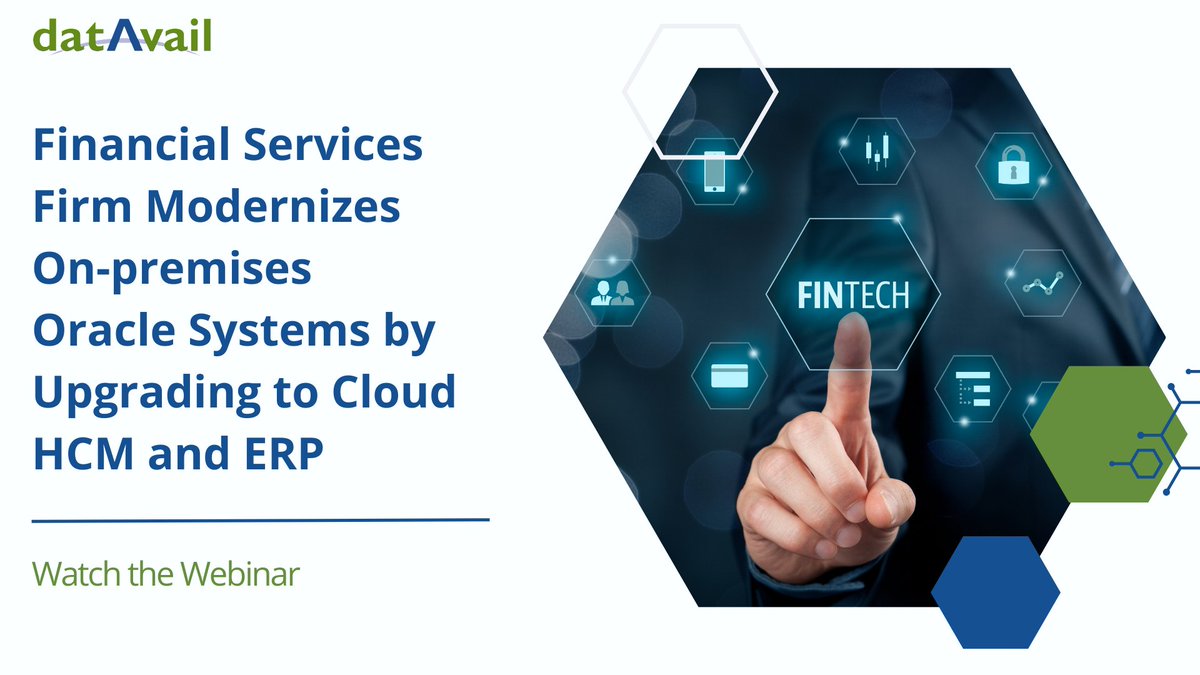 datavail's tweet image. Looking to modernize your on-premises #Oracle systems? Watch our webinar that unveils how a Middle-East #FinancialServices Firm modernized their on-premises #OracleApplication portfolio by upgrading to #OracleCloudERP & #HCM to move business forward. bit.ly/3GVvpim