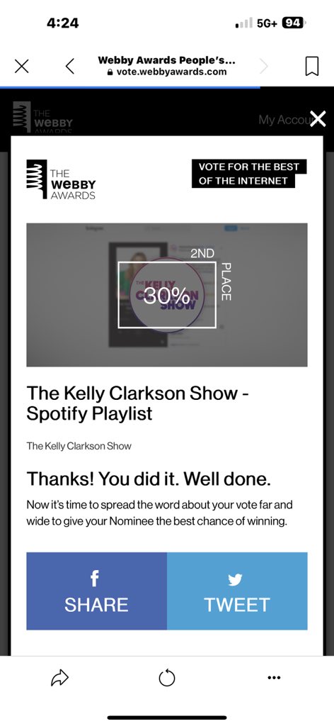 Vote for anything @kellyclarkson related? Say less 🫶🏽 
@KellyClarksonTV 
@Spotify 
#KellyClarkson
#TheKellyClarksonShow 

vote.webbyawards.com/PublicVoting?f…