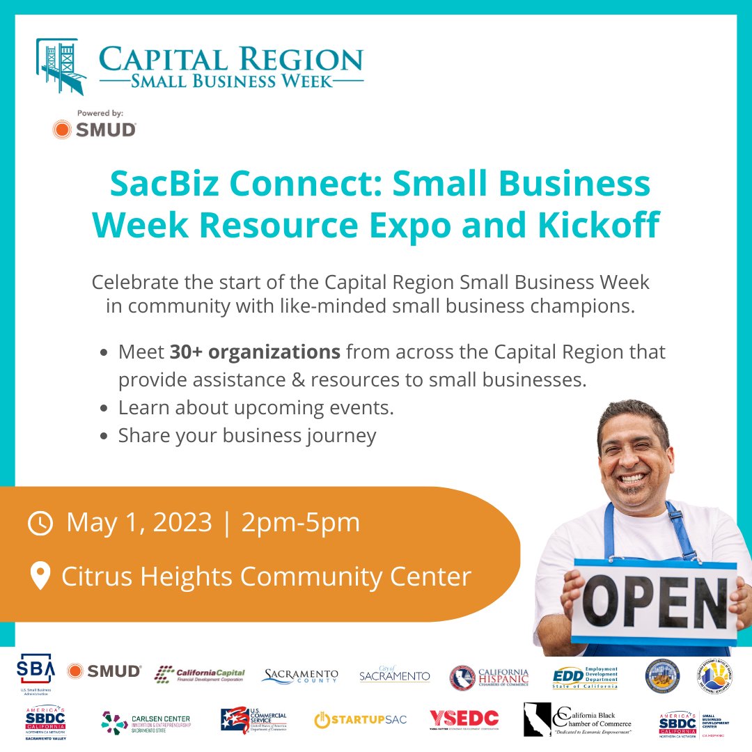 Don't miss out on this special kick off event!

SacBiz Connect is happening on May 1st, from 2 to 5 p.m. and will go over all organizations and events that are included in Small Business Week.

If you are interested in attending, register here: capitalregionsmallbusinessweek.org/schedule/