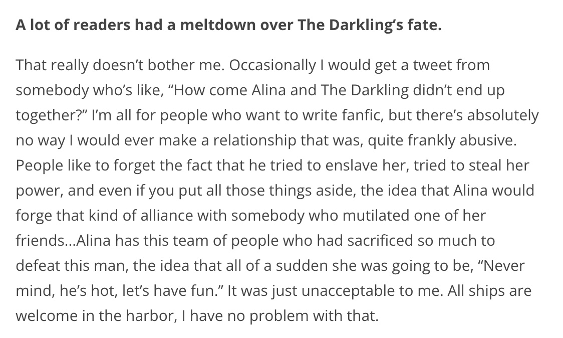 hanneninas's tweet photo. can people stop acting like we're the ones not understanding what enemies means or misuses words such as "abuse"? the first screenshot is leigh bardugo. the second is eric &amp; daegan. the third is christina (scene linked is 2x05 alina + baghra talking). https://t.co/FDSn5pracI