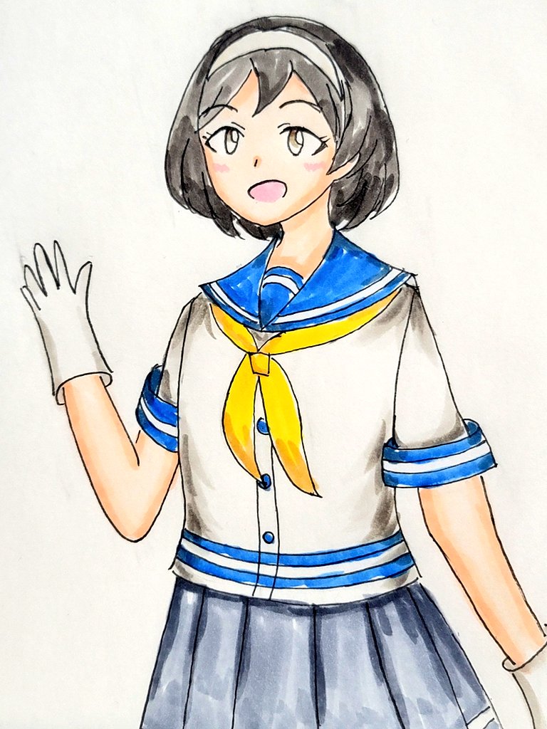 urakaze (kancolle) 1girl blue hair hat yellow neckerchief blue eyes double bun school uniform  illustration images
