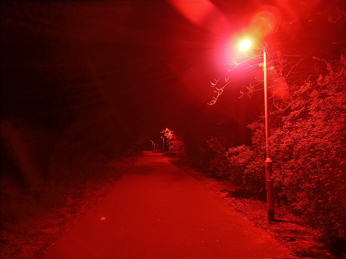 MOD_NI's tweet image. Comber Greenway looks a bit eerie with all the red lighting. Better than pitch black darkness I guess, though maybe not for the birds
