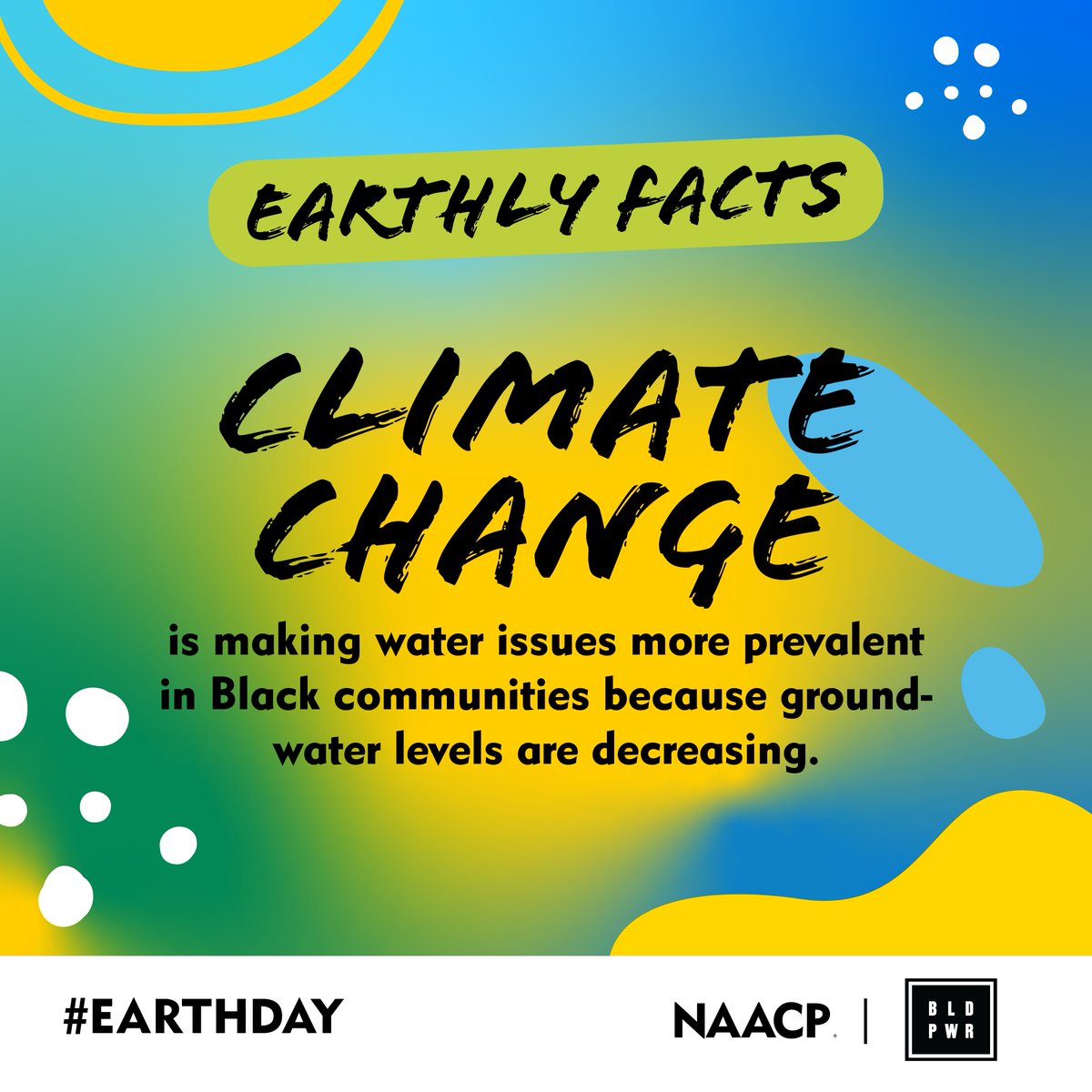 #ClimateChange and ensuing extreme weather events will only further harm our already failing water systems. This means fewer Black communities with access to safe drinking water.

Join the NAACP and <a href="/WeBldPwr/">BLD PWR</a> for a national day of action on #EarthDay. bit.ly/3AcC4Rn