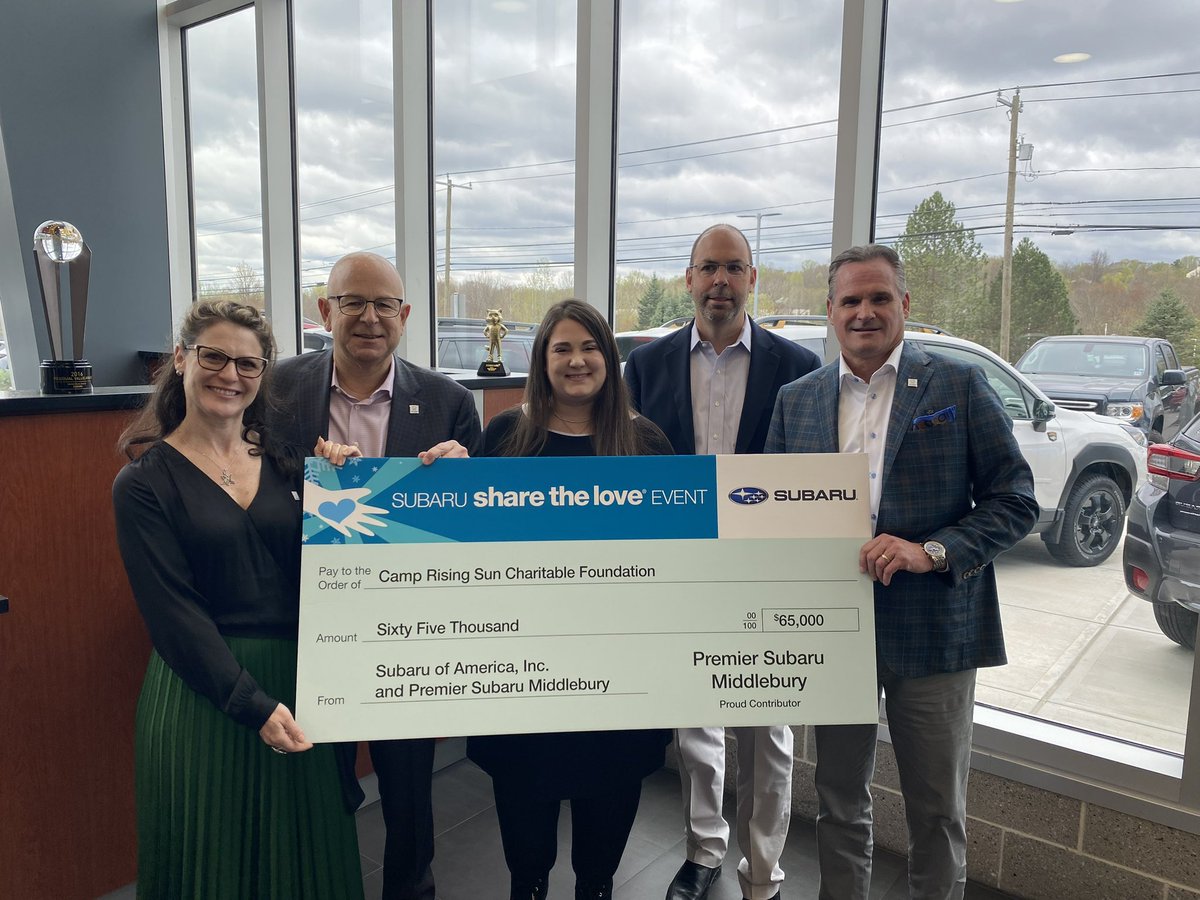 Premier Subaru president/general manager Bob Alvine presented <a href="/CampRisingSun/">Camp Rising Sun</a> with checks for $100,000 and $65,000 generated by the dealership's most recent "Share the Love" event. 

Learn more : premiersubaru.com / premiersubarumiddlebury.com 

#sharethelove #subaru