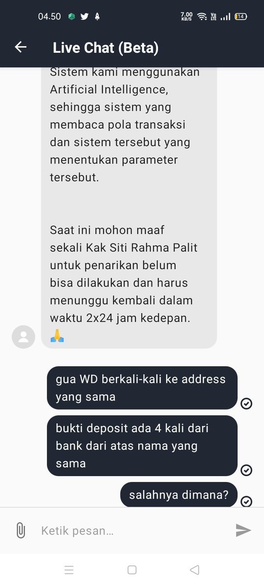 Whale_PHI's tweet photo. @Tokocrypto Mengapa kau menonaktifkan penarikan selama 2 hri.
Aku baru saja melakukan deposit dengan akun bank BRI mobile atas namaku sendiri,
Aku memberikan kamu foto bukti transaksi (Bukan screenshot)
Stelah deposit anda menghukum ku. 
#Keluhkesah #Tokokrypto https://t.co/70NVBqp6fQ