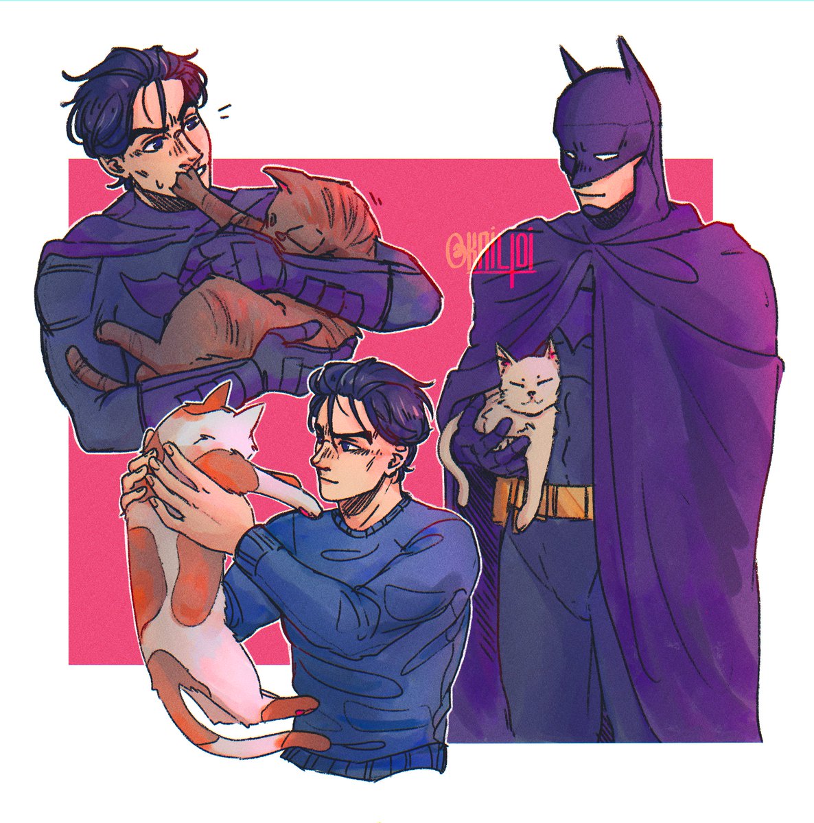 inspired by the most insignificant 2 clips from JLA and BTAS where he's got a cat in his arms, and it makes me so so soft and weak😔 I needed more Bruce With Cat™ immediately so this spawned