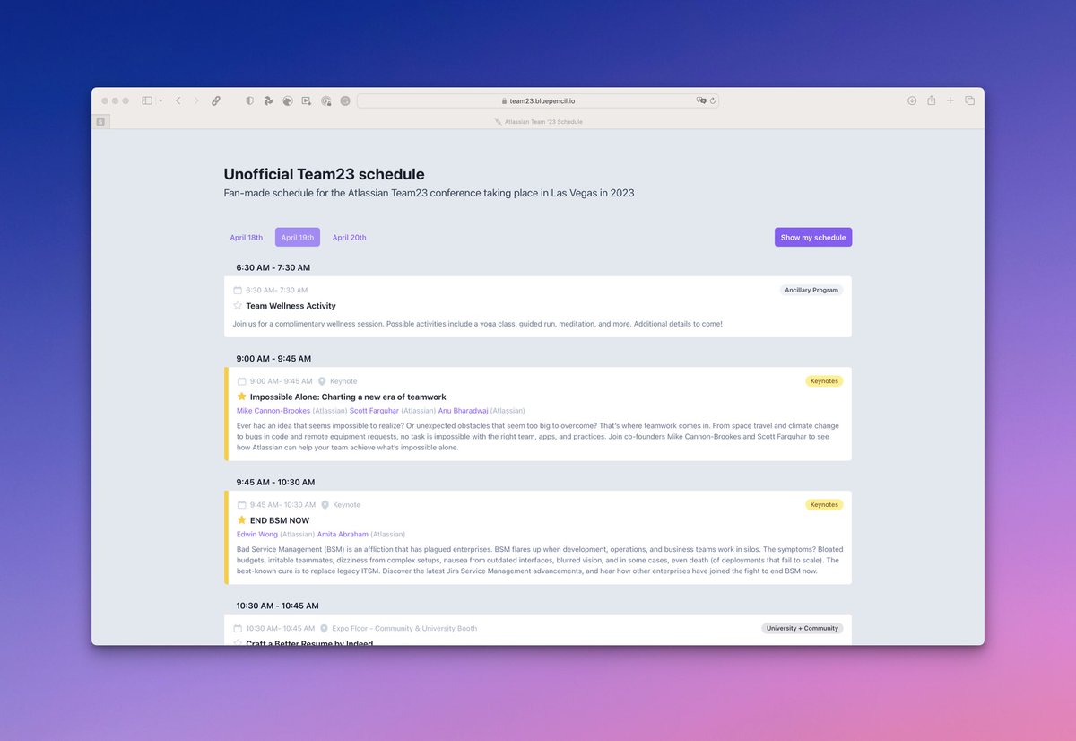 Are you at #AtlassianTeam23 and don’t want to miss valuable sessions?

Head over to team23.bluepencil.io - the schedule I made as a long time <a href="/Atlassian/">Atlassian</a> fan and see what’s happening now and at the same time 🤩