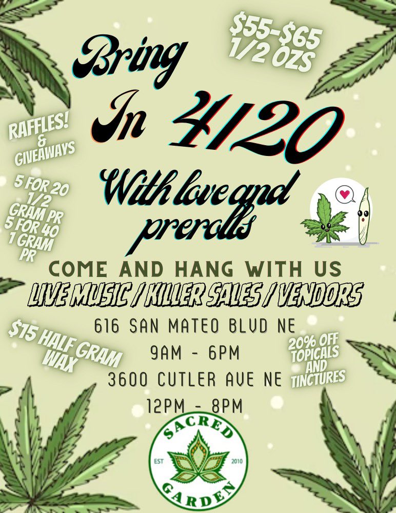 Come and celebrate 4/20 at Green Jeans Food Hall with @sacred_garden_ and then get your grub on in our food hall!

GreenJeansABQ.com
 #sacredgarden #getyourgrubon #greenjeans #foodhall  #upinsmoke #celebrate #maryjane