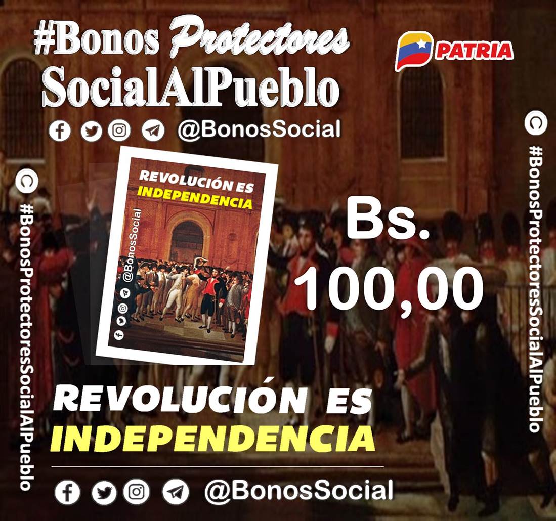 BonosSocial's tweet photo. 🖥️  Continua la entrega del Bono #RevoluciónEsIndependencia a través del Sistema @CarnetDLaPatria enviado por nuestro Pdte. @NicolasMaduro.

📌 La asignacion es directa y gradual no requiere escaneo ni validaciones.

✅ Monto en Bs. 100,00

@BonosSocial 
#GestaIndependentista https://t.co/dFQnLSIkPu