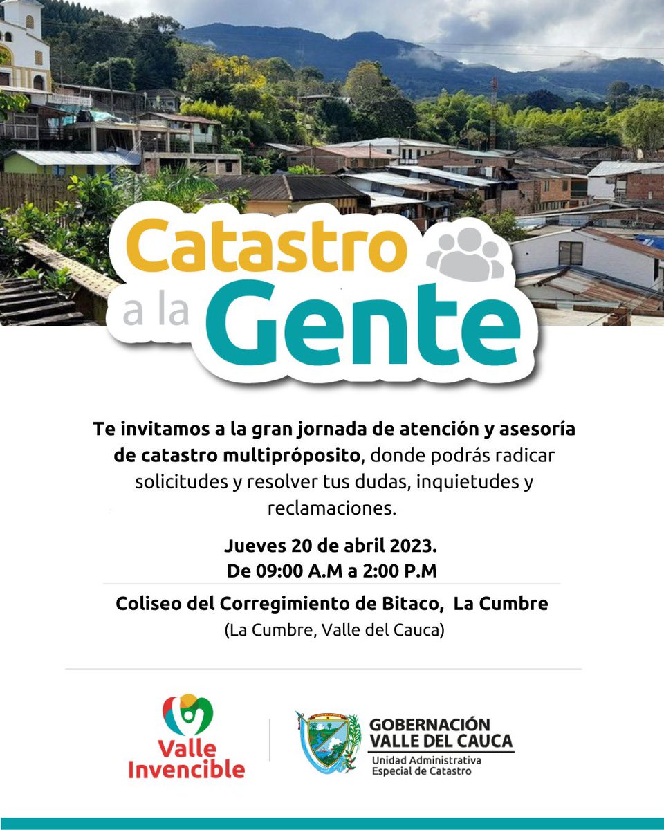 catastrovalle's tweet photo. Habitantes del corregimiento de #Bitaco y alrededores, los invitamos mañana a la jornada de atención y asesoría catastral. Seguimos comprometidos en brindar una atención óptima y de cara al ciudadano, los esperamos! #CatastroaLaGente https://t.co/MJJfyH8ngK