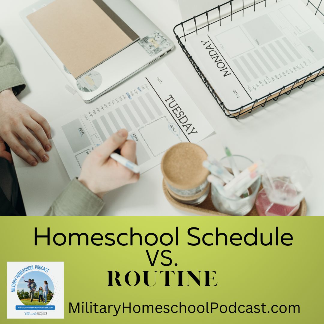 Homeschool schedule vs routine: Which one is better?' This episode explores the difference between a set schedule and a flexible routine for homeschooling families.🎧 Listen to the episode here: bit.ly/3ojmeBQ #militaryhomeschooler #homeschool #homeschooling