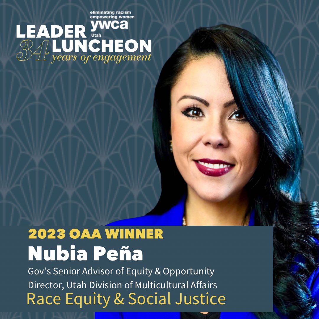 We are excited to announce our 2nd Outstanding Achievement Award winner, Nubia Peña! Nubia has worked to make our communities more equitable through her work as Director of <a href="/MulticulturalUT/">Utah Division of Multicultural Affairs</a> &amp; Senior Advisor of Equity and Opportunity to <a href="/GovCox/">Governor Cox</a>

Learn more: ywcautah.org/get-involved/e…