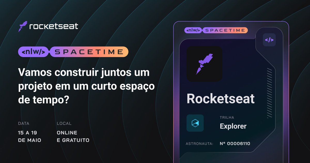 rocketseat's tweet photo. Sua realidade está prestes a ser transformada! 🌠
Embarque na missão #NLWSpacetime🚀
Vamos codar um projeto completo em apenas uma semana e acelerarmos para o próximo nível em programação ⭐
A inscrição é gratuita! https://t.co/u4JLDHFQGH
#NextLevelWeek #bolhadev https://t.co/qKJPSmBDGM