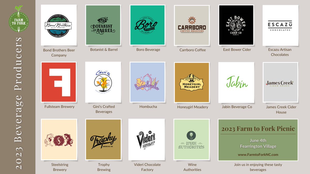F2FPicnicNC's tweet photo. Here are our participating local beverage producers and providers! See any of your favorites? Join us to enjoy this tasty assortment of brews and beverages at the 2023 Farm to Fork Picnic on June 4th at @FearringtonNC ! Reserve tickets today: https://t.co/gl5AL550z8 https://t.co/Hf1I9StJyT