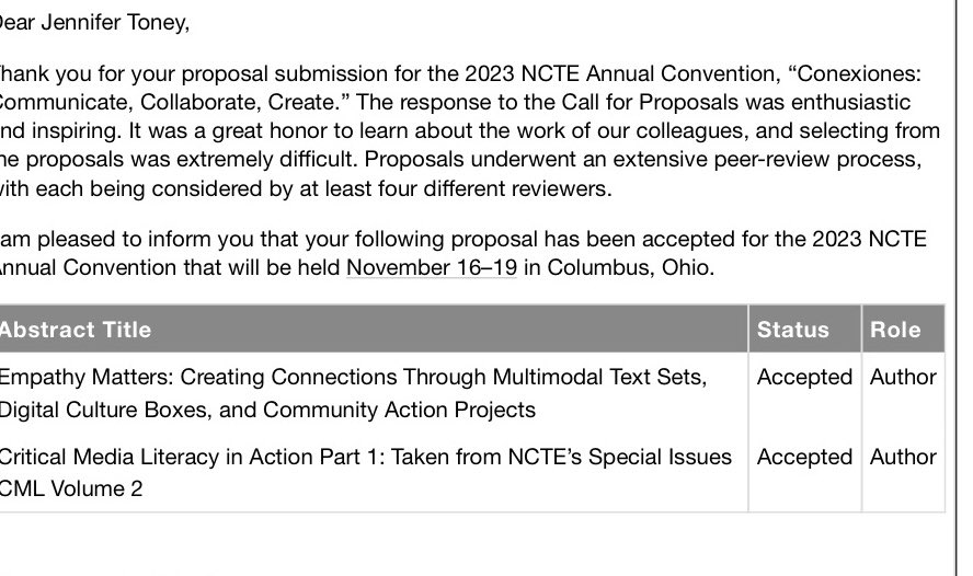 JENTONEY's tweet photo. Super honored to have been accepted to present at @ncte #NCTE23 with amazing educators; @williamkist, @KlassenEndrizzi, and @faithguy03! #TeacherLife #PhDlife 👩🏻‍🏫🥳📖 https://t.co/Nqyg9PBWFa