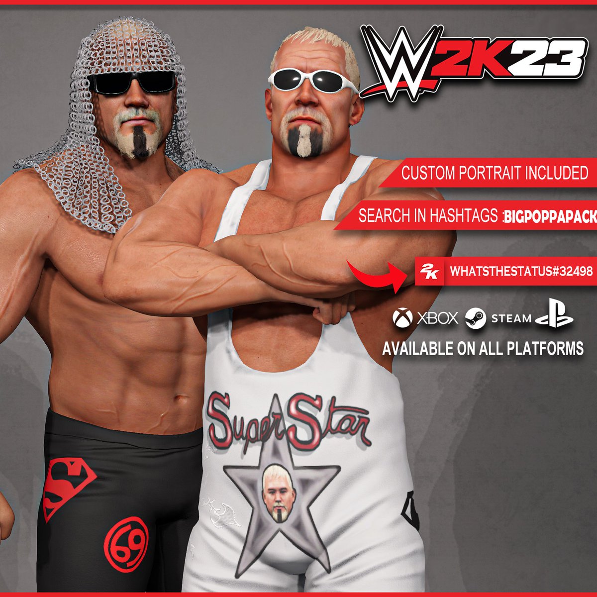 WhatsTheStatus's tweet photo. Big Poppa Pump Scott Steiner Pack! now available on #WWE2K23

Search → BIGPOPPAPACK

★ Scott Steiner Custom Portrait
★ Scott Steiner Ring Name
★ Scott Steiner Commentary Included (Big Popp Pump Scott Steiner Lines!)
★ Big Poppa Pump Scott Steiner Entrance Included
★ Big Poppa Pump Scott Steiner Victory Included
★ 2 Slots = Scott Steiner '03 + Scott Steiner '98

★ Collaboration with @vicsal76292044 @kaaalua and @Kamillion2k 

Want to win a copy of #WWE2K23? Like & RT this Tweet & Follow
@WhatsTheStatus + @Vjplatinum