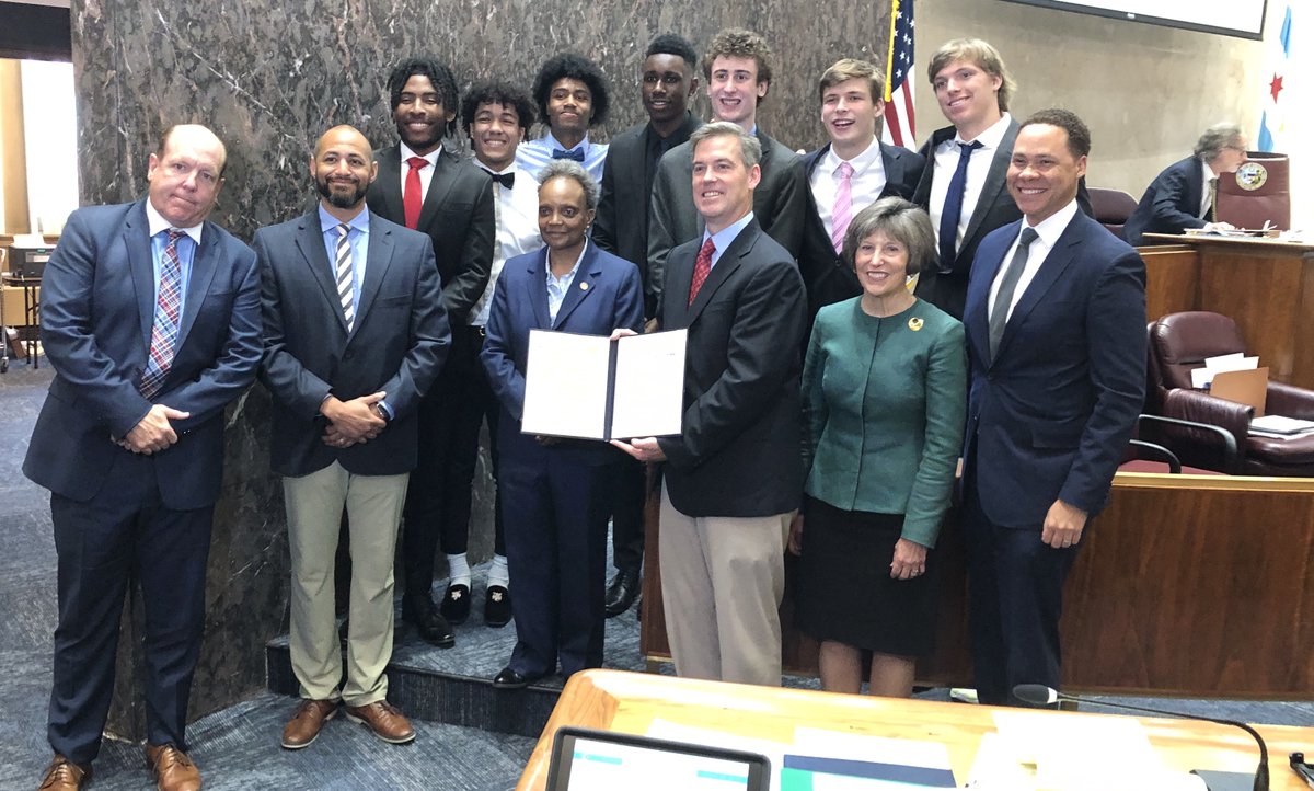 DePaulPrep's tweet photo. The Office of the Mayor and City Council honored the DePaul Prep Boys Varsity Basketball Team for winning the 2A State Championship. Special thanks to Mayor Lightfoot, Ald Osterman and Ald Martin for their incredible support of our Boys Varsity Basketball Team and DePaul Prep! https://t.co/tYNR2TBhz1