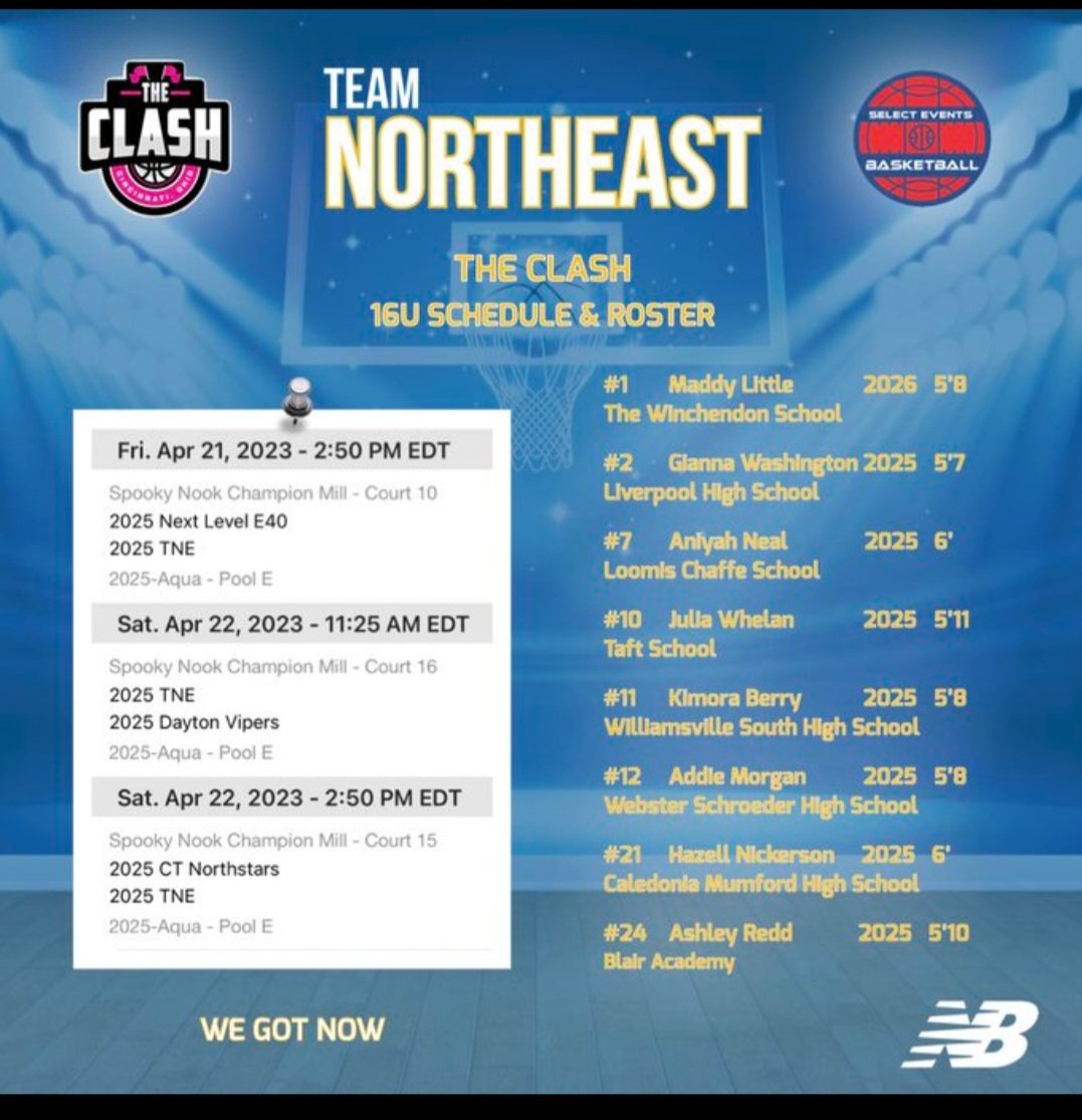 Here is my schedule for this weekend in Ohio at the Clash! 
<a href="/TeamNEHoops/">Team Northeast</a> <a href="/SelectEventsBB/">Select Events Basketball</a> <a href="/BashHoopsNE/">Bash Hudson</a> <a href="/NYSTakeover/">Empire State Takeover</a>